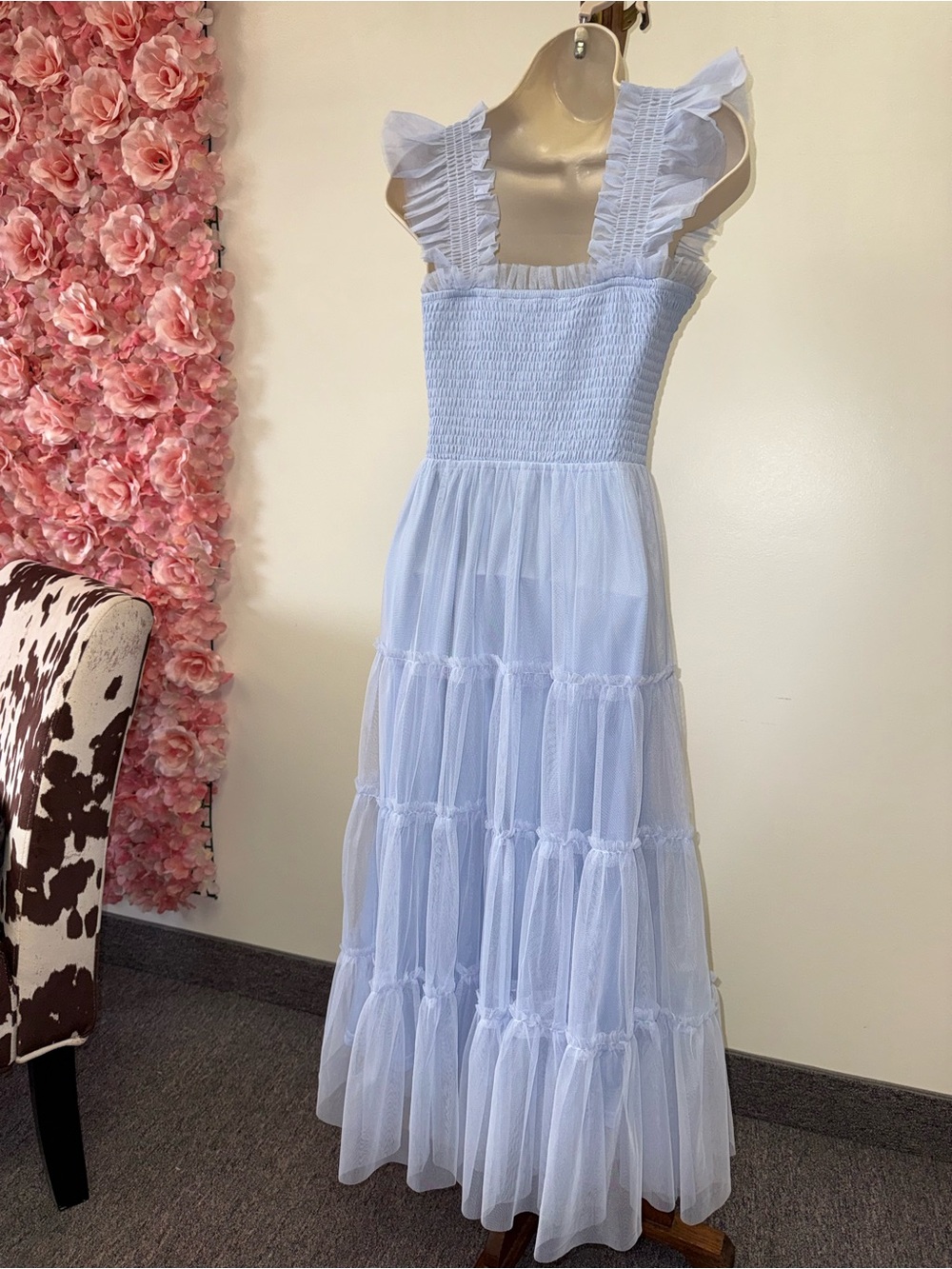 Baltic Born (XS) Light Blue Tiered Ruffle Skirt Tulle Maxi Dress - Picture 6 of 8